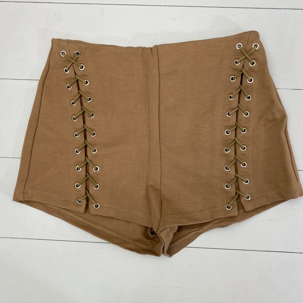 SuperDown Lace Up Side Shorts Womens Size S Tan High Waisted Festival Edgy